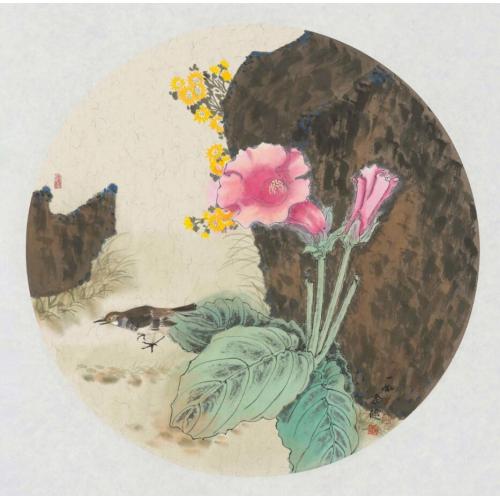 王娜娜《绿叶粉花黄花小鸟》