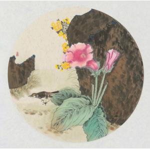 王娜娜《绿叶粉花黄花小鸟》