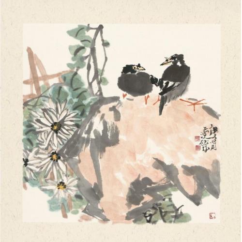 娄启成《白菊花小鸟（两只）》