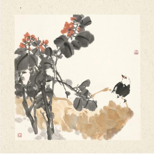 娄启成《橘花石头小鸟1》