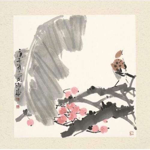 娄启成《琵琶麻雀（粉）》