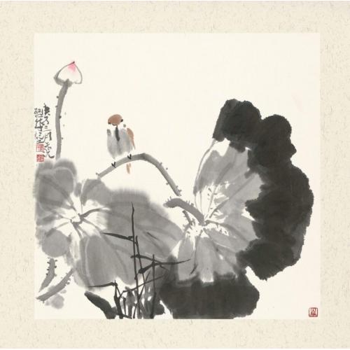 娄启成《荷花麻雀》