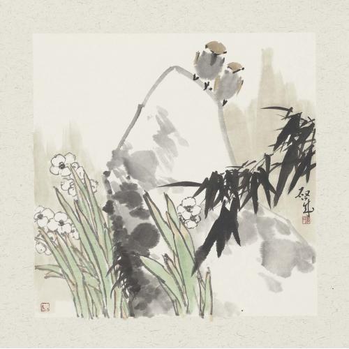 娄启成《水仙花两只小麻雀》