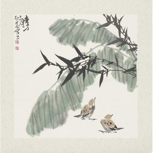 娄启成《竹子两只小麻雀》