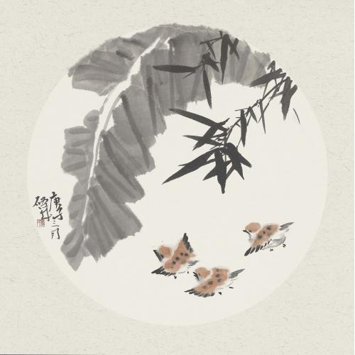 娄启成《竹子三只小麻雀》