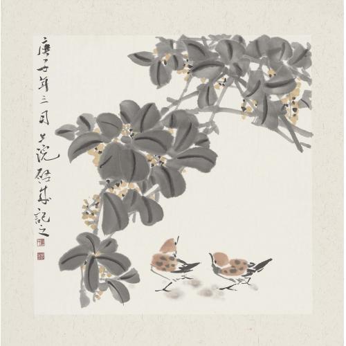 娄启成《黄花黑叶两只小麻雀》