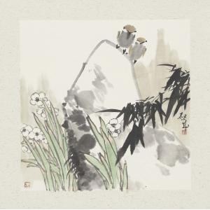 娄启成《水仙花两只小麻雀》