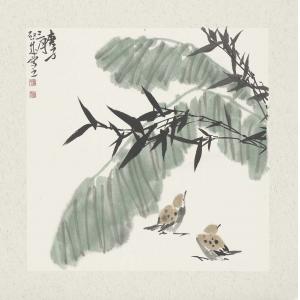 娄启成《竹子两只小麻雀》