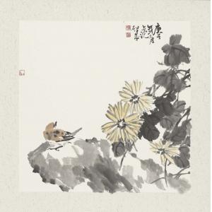 娄启成《黄菊花麻雀》