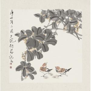 娄启成《黄花黑叶两只小麻雀》