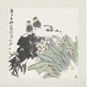 娄启成《水仙花两只小麻雀》
