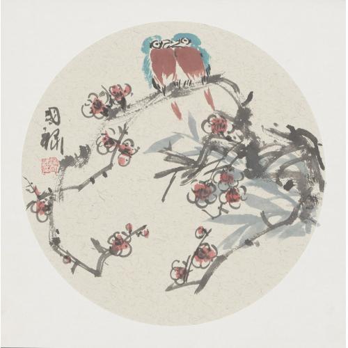 赵国禄《两只小鸟批把（雪）》