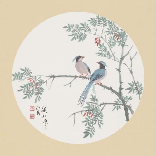 洪森《两只长尾小鸟（蓝）》