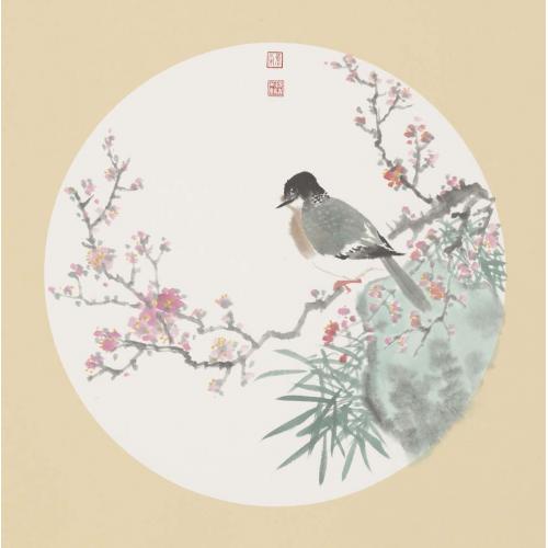 洪森《红梅花小鸟（绿）》