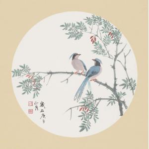 洪森《两只长尾小鸟（蓝）》