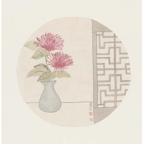 黄丽萍《花瓶红花窗户》