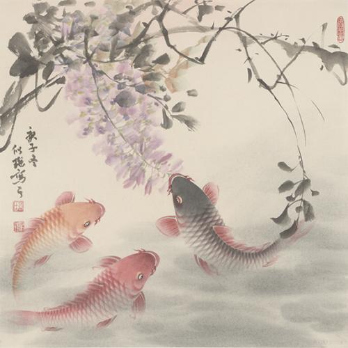 蓝似瑶《三条锦鲤紫藤》